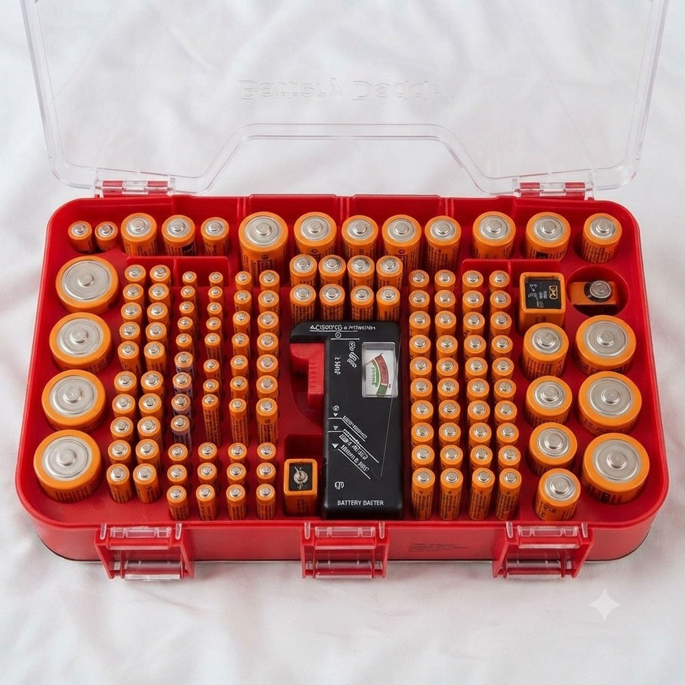 Battery Daddy Storage Case with Tester Red Double Sided Organizer Holds 180+